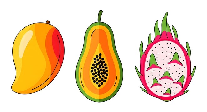 A vibrant illustration featuring three popular tropical fruits: a whole mango, a halved papaya with seeds, and a sliced dragon fruit.
