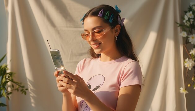 Y2k aesthetic fashion portrait of a young woman smiling while using a vintage flip phone outdoors for a retro nostalgia and technology concept with soft sunlight