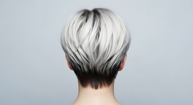 Back view of a person with a stylish short silver and dark undercut hairstyle, showing textured layers.