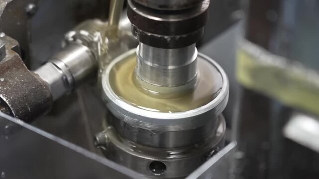 CNC optical lens grinding and polishing machine operating with coolant fluid on precision glass element
