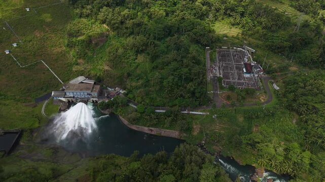 Aerial footage of the hydroelectric power plant at the Wadaslintang dam in Wonosobo, Indonesia.