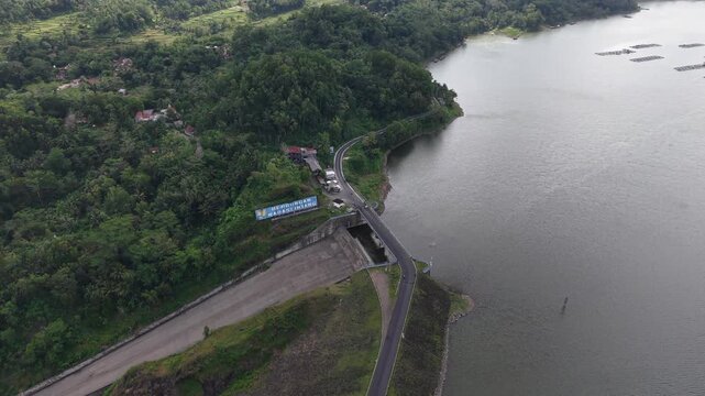 Aerial landscape of the Wadaslintang dam in Wonosobo, Yogyakarta, where there is a hydroelectric power plant