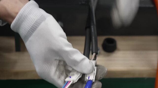 Worker connecting wire harness cable with multi-pin connector using crimping pliers for washing machine motor
