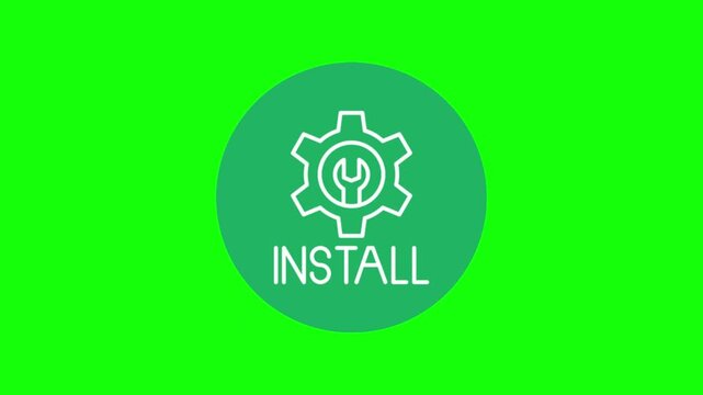 Animated install button icon with gear and wrench symbol on a vibrant chroma key green background