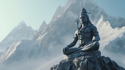Lord Shiva statue meditating on a mountain peak in the Himalayas, cinematic spiritual landscape © wongjowo
