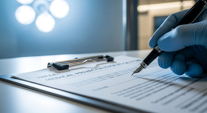 Medical Professional Signing a HIPAA Medical Privacy Authorization Form on a Clipboard in a Hospital Ensuring Healthcare Compliance and Patient