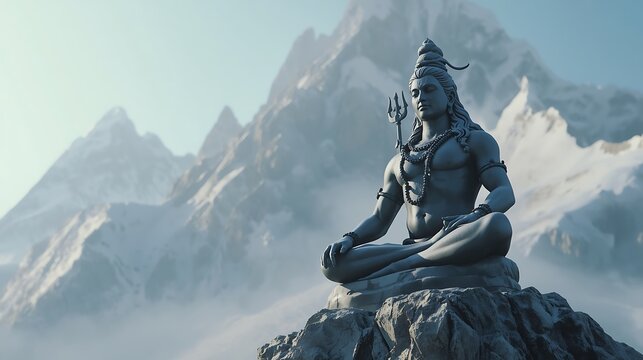 Lord Shiva statue meditating on a mountain peak in the Himalayas, cinematic spiritual landscape