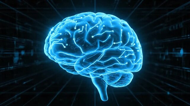 Glowing blue brain represents artificial intelligence technology in a futuristic digital environment with neural network data processing.