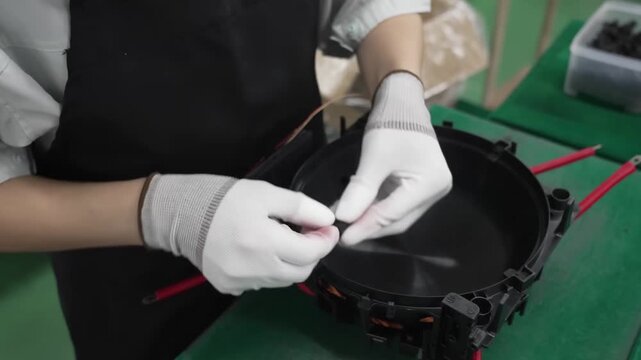 Gloved worker placing induction heating coil assembly with copper windings onto rice cooker base frame
