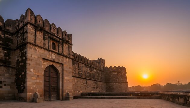 Historical architecture of Shaniwar Wada in Pune at sunset, featuring the majestic stone fort walls and wooden gate for Indian heritage and history concept