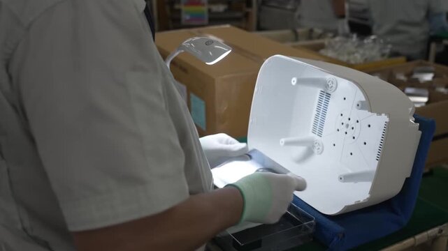 Worker lifting and visually inspecting white rice cooker outer lid with handle for defects at quality station