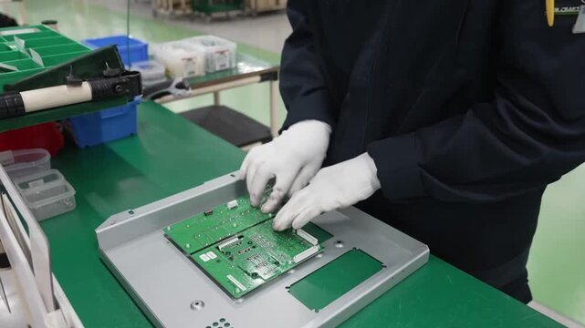 Worker placing and aligning PCB motherboard into metal control box housing on green assembly workbench