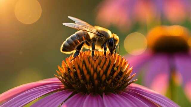 Bee on purple coneflower collecting pollen.
