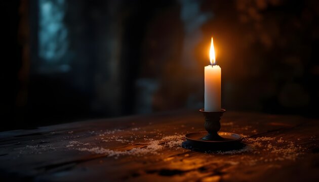 Single white candle burning with a bright flame on an old wooden table in a dark moody room representing hope peace and solitude.