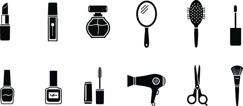 Hair salon equipment makeup kit icons set for beauty parlor branding and stylist portfolio