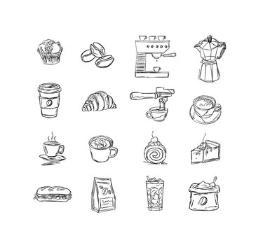 Coffee and bakery hand drawn elements muffin, beans, machine, moka pot, croissant, cake, dessert, bag, sandwich, espresso drawing in linear art style with black on white background
