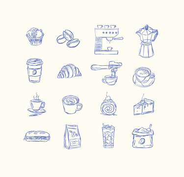 Coffee and bakery hand drawn elements muffin, beans, machine, moka pot, croissant, cake, dessert, bag, sandwich, espresso drawing in linear art style with blue on light background