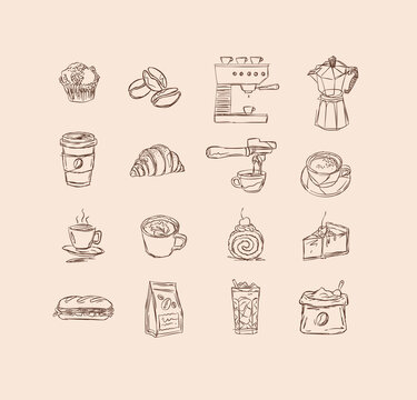 Coffee and bakery hand drawn elements muffin, beans, machine, moka pot, croissant, cake, dessert, bag, sandwich, espresso drawing in linear art style with brown on beige background