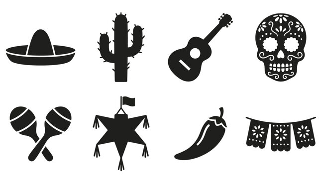 Mexican Culture Vector Icons &ndash; Sombrero, Cactus, Guitars, Chili, Maracas, Pi&ntilde;ata, Sugar Skull, and Papel Picado Silhouettes