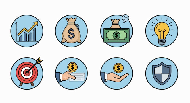 Set of eight business and finance related icons in blue circles.
