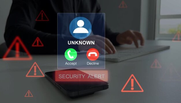 Unknown number tries to trick victim into sharing money or personal information. Cyber security alert, spam call warning.Phone scam concept showing fraud call risk, fake caller and data theft danger.	