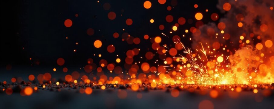 Gunpowder sparks flying, bright orange against dark background, gunpowder sparks, heat, bright