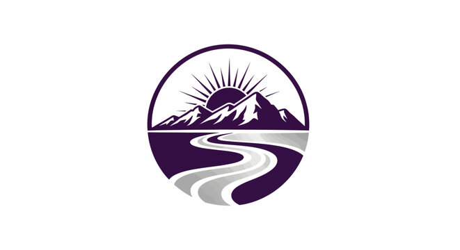 Stylized mountain landscape logo with sun and winding river path.