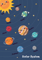 Vertical poster with cute planets of solar system on blue background. Banner with kawaii planets in space for kids education. Astronomy learning placard for children. © nafanya241