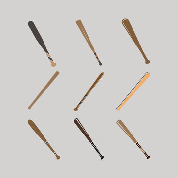 Wooden baseball bat icons bundle on white background, vector illustration, Monochrome,
 simple shape for design logo, emblem, symbol, sign, sports equipment, sports apps and website, sport icons,