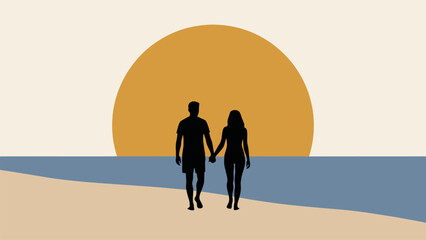 Clean vector graphic of a couple enjoying the sunset on a calm beach. Perfect for travel blogs, romantic posters, and summer holiday themes. © Tamar