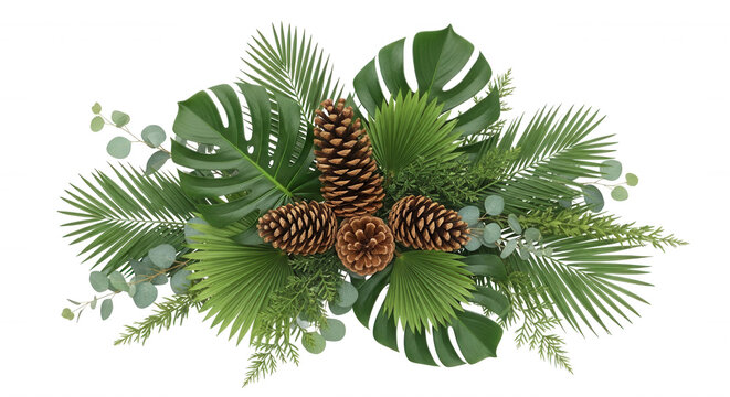 Tropical and evergreen foliage arrangement featuring brown pine cones, monstera leaves, palm fronds, and eucalyptus branches on a black