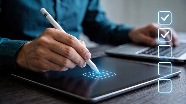 Digital checklist task management on tablet, productivity workflow optimization, project planning tool, user completing items with stylus pen, modern business efficiency and