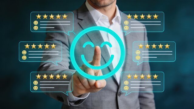 Man touching smiley face icon surrounded by five star reviews, customer satisfaction feedback, positive rating and service quality concept