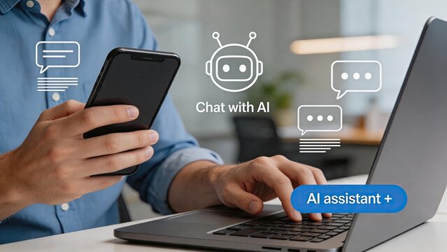 Man multitasking with smartphone and laptop, AI assistant concept for seamless digital communication and productivity workflow in modern workspace