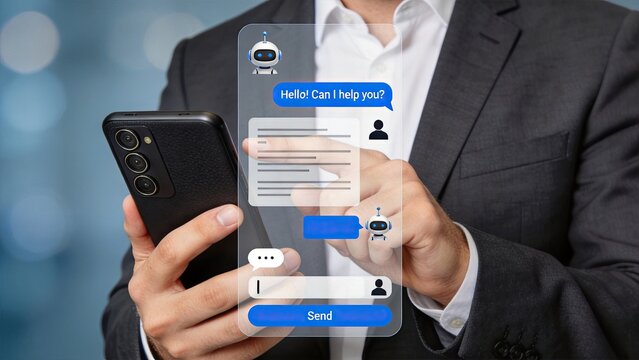 Customer service chatbot on smartphone screen, virtual assistant interface for business communication and automated support messaging system concept