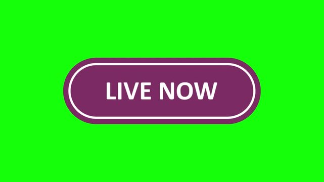 Animated live now streaming button icon with play symbol on a vibrant chroma key green background