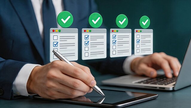 Businessman checking completed tasks list on digital tablet with green checkmarks, project management workflow efficiency, corporate productivity planning, administrative