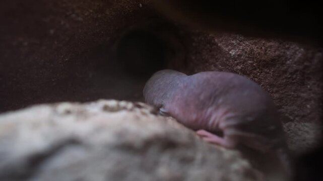 Close up of naked mole rat moving through underground burrow. Another mole rat appears for brief interaction before first one continues into dark tunnel of its colony. Natural animal behavior