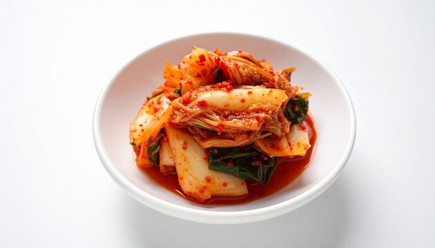Realistic front-view homemade spicy kimchi in small white bowl, white background, soft lighting, ultra realistic food photo.