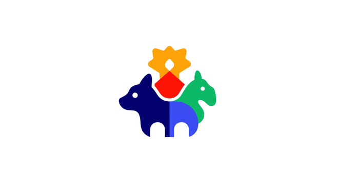 A colorful abstract graphic design featuring stylized animal shapes on white background