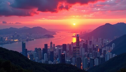 Obraz premium Fiery Hong Kong sunset paints mountain peaks, cityscape below , texture, travel