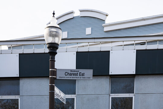Low angle view of the Charest Boulevard East - named after 19th Century Z&eacute;phirin Charest, St-Roch borough parish priest - road sign, Quebec City, Quebec, Canada