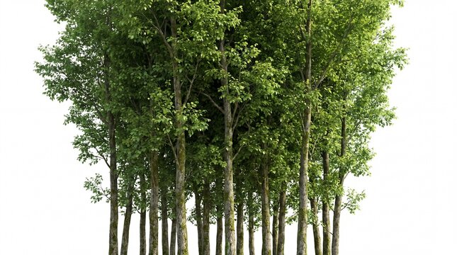 A dense cluster of tall green deciduous trees standing together in this beautiful natural photo on white background