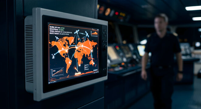 Digital global navigation map display showing real time satellite tracking data on ship bridge console for maritime safety.