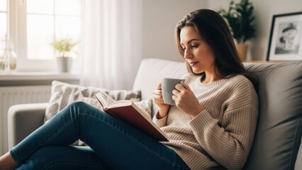 Obraz premium Person relaxed at home, reading a book while holding a warm beverage