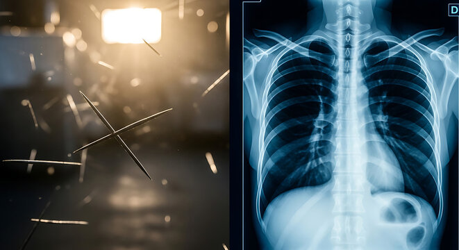 Medical chest Xray of human lungs alongside microscopic sharp asbestos fibers floating in the air representing health risks lung cancer and hazardous exposure