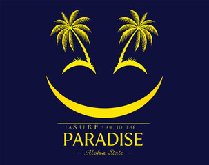 Obraz premium Paradise Smile: A vibrant graphic illustration evoking a sense of tropical bliss with palm trees forming eyes and a crescent moon shaping a smile.