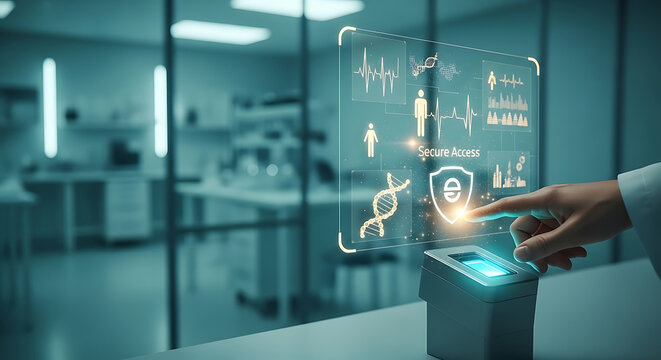 HIPAA compliant medical data security interface with biometric fingerprint authentication for patient privacy and healthcare PHI protection in a lab