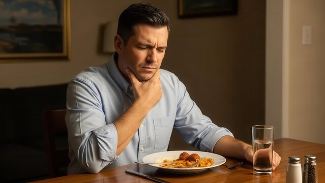 Man experiencing throat pain or difficulty swallowing while eating dinner at home.