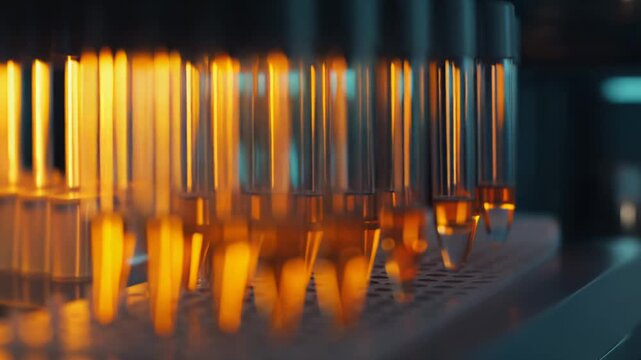 Test tubes filled with a vibrant amber liquid stand arranged in a lab setting, suggesting ongoing discoveries and pharmaceutical advancements in a controlled research environment